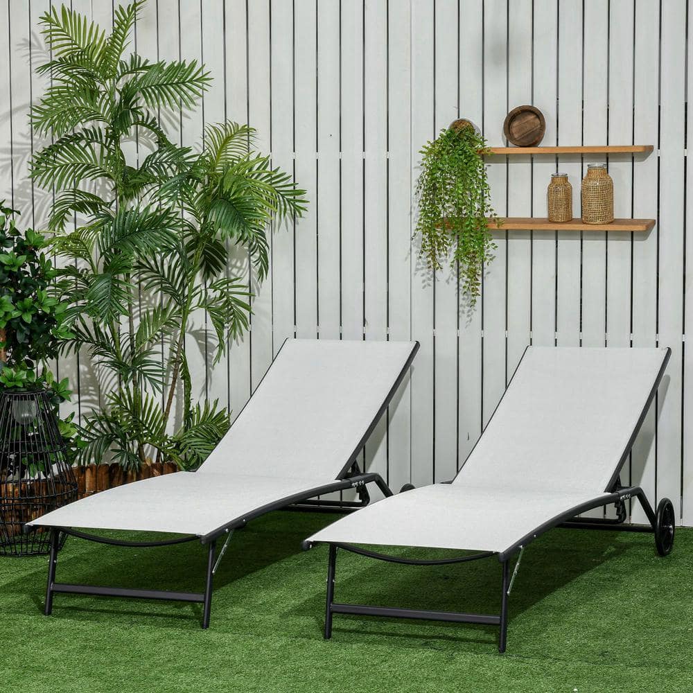 2-Piece Cream White Steel Metal Outdoor Chaise Lounge Chairs with Wheels, T