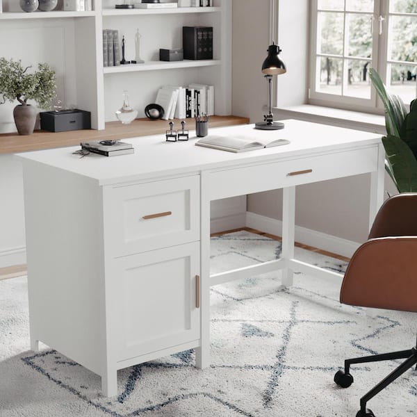 55 Modern White Computer Desk Rectangular Home Office Desk with Pedestal  Base