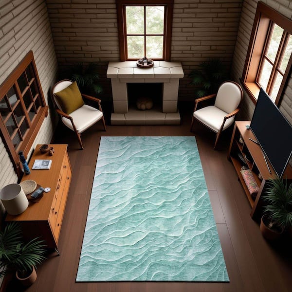 Mayfield Premium Machine Washable Abstract AMF1614 Aqua 3 ft. x 5 ft. Area Rug