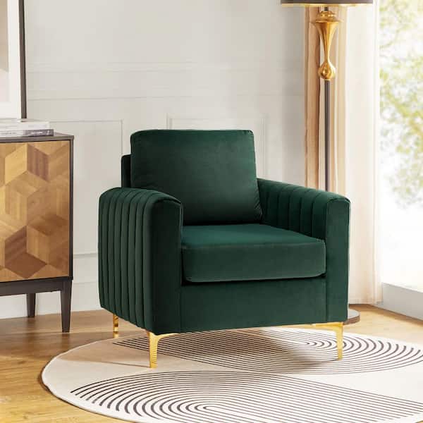 JAYDEN CREATION Ennomus Green Velvet Cushion Back Club Chair Arm Chair with Golden Metal Legs and Track Arms
