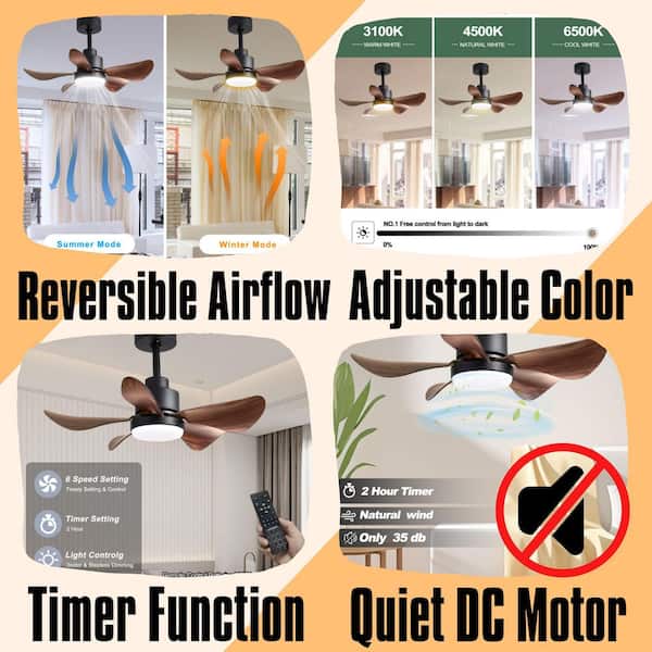 28 ln. Downrod Mount Ceiling Fan with Lights Remote Control in Brown, 5 Reversible Blades, 6 Speeds for Bedroom Kitchen