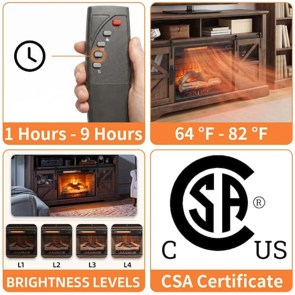 60 in. Freestanding Electric Fireplace TV Stand in Brown with 26 in. Fireplace Insert, Tempered Glass Front, Remote