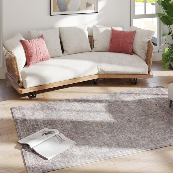 Area Rug 4 ft. x 6 ft. Machine Washable Rug, Traditional Cover Rug for Living Room, Bedroom, Dining Room, Grey and Brown