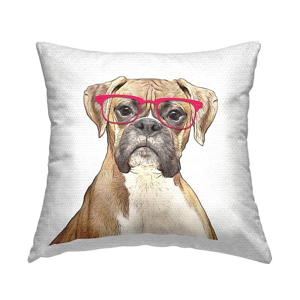 Boxer Dog With Red Glasses Tan Square Outdoor Throw Pillow