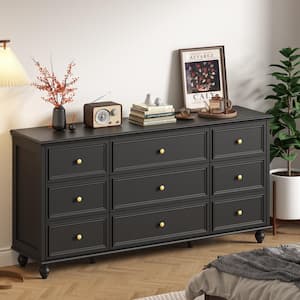 Black Wooden 9-Drawer Chest of Drawers 63 in. W x 31.5 in. H x 15.7 in. D Dresser, Modern European Style