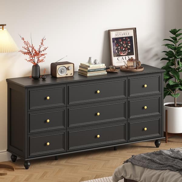 Black Wooden 9-Drawer Chest of Drawers 63 in. W x 31.5 in. H x 15.7 in. D Dresser, Modern European Style