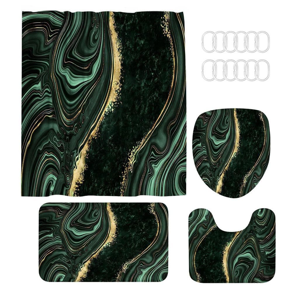 4-Piece 70.8 in. W x 70.8 in. L Polyester Marble Shower Curtain Set in Dark Green Gold with Rugs and Toilet Lid Cover price history on PriceWatchPro
