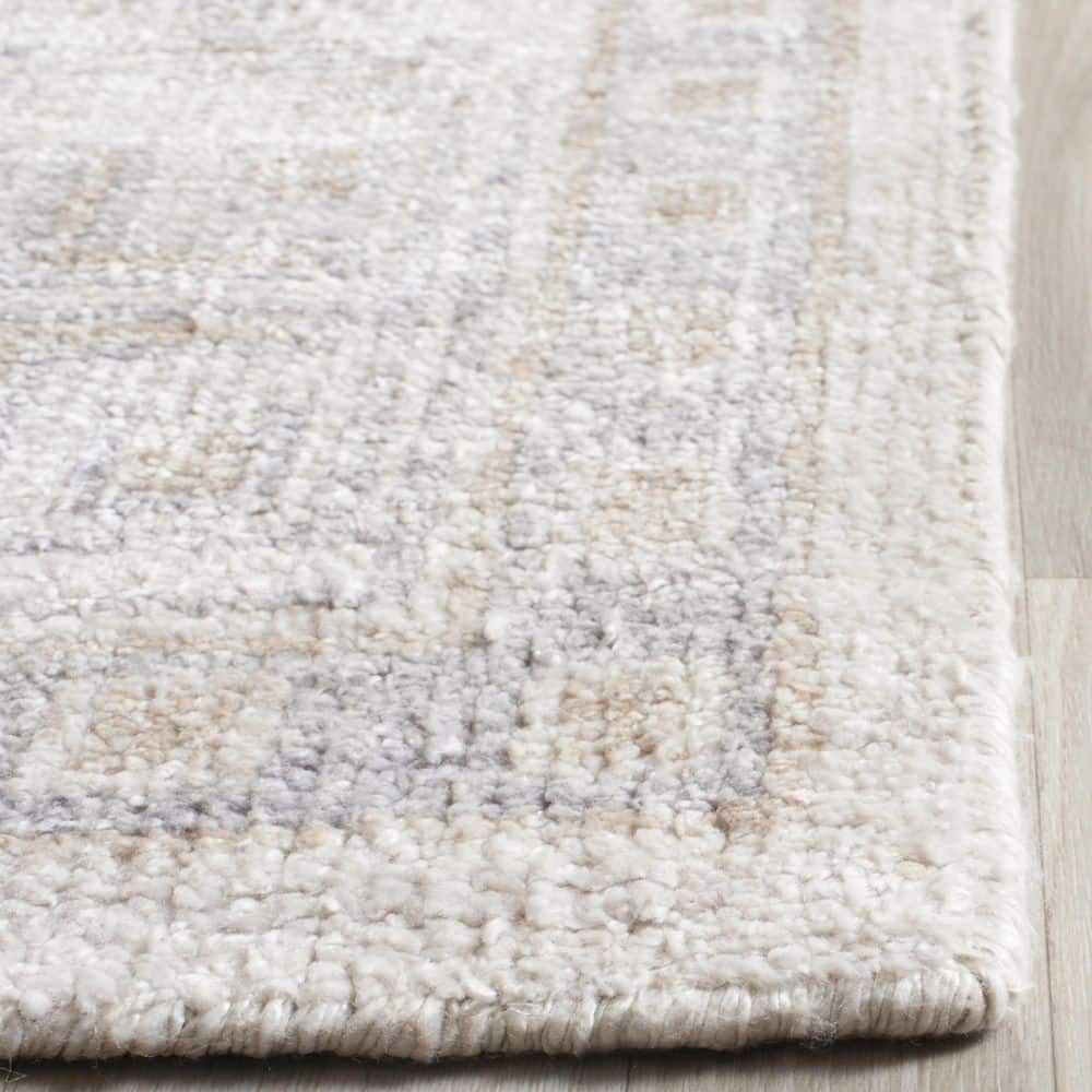 Beige and Blue Hand-Knotted Wool and Silk 9' x 12' Rug