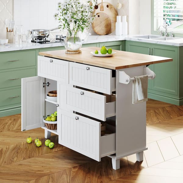 Oasis White Wood 50.3 in. Kitchen Island with Drop Leaf and 2 Seatings, Dining Table Set with Storage Cabinet, Drawers