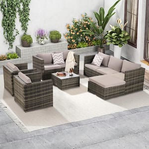 Light Grey 6-Piece Wicker Patio Conversation Set Furniture Sofa Set with Table and Gray Cushions