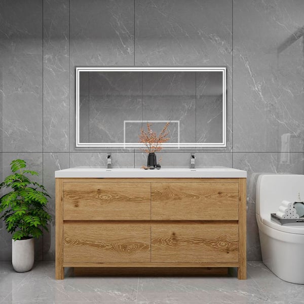 BV Better Vanity Louis 59 in. W x 20 in. D x 35 in. H Double Sink Freestanding Bath Vanity in Yellow Wood with White Acrylic Top