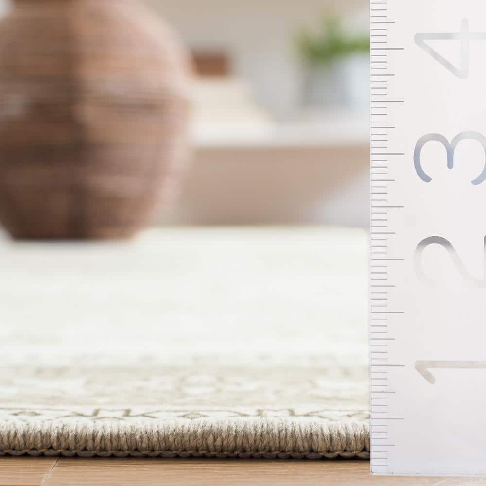 Ivory and Sage Square Washable Synthetic Area Rug