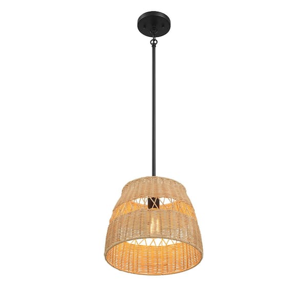 Farmhouse 100-Watt 1-Light Black Pendant Light with Rattan Shade and No Light Bulb Included