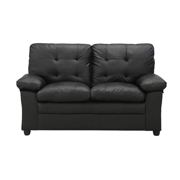 Dwell Home Inc Grayson 60 in. Solid Black Faux Leather 2-Seat Loveseat with Tufted Back