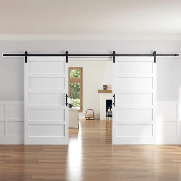 84 in. W. x 84 in. (Double 42 in. Doors) 5-Panel Solid MDF White Finished Interior Sliding Barn Door with Hardware Kit