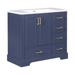 36 in. W x 18 in. D x 33 in. H Single Sink Freestanding Bath Vanity in Navy Blue with White Resin Top