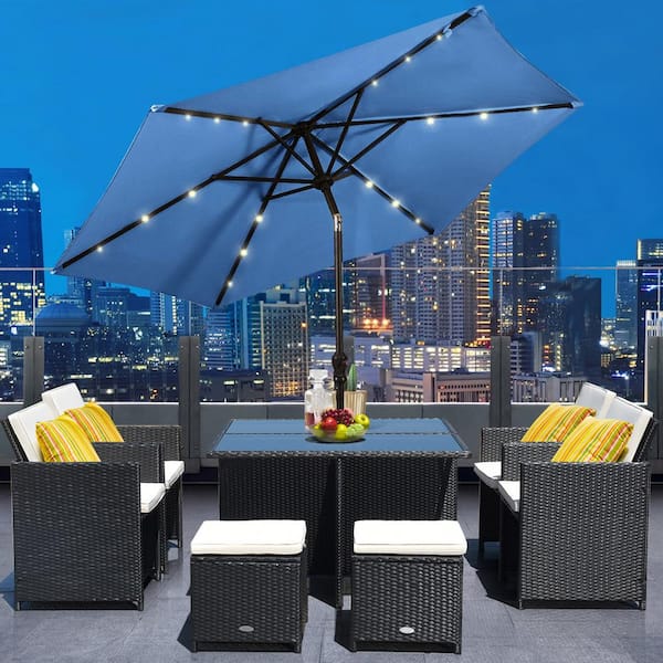 9 ft. Steel Market Solar Tilt Patio Umbrella with Crank and LED Lights in Blue