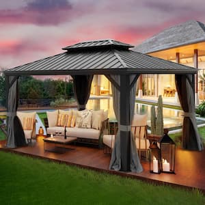 Jager 12 ft. x 10 ft. Coated Aluminium Frame Gazebo in Black with Double Coated Aluminium Roofs and Mosquito Net