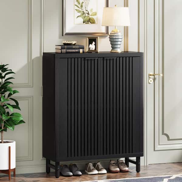 Lauren 43.31 in. H x 33.46 in. W Black Wood Shoe Storage Cabinet with Adjustable Shelves and Metal Legs
