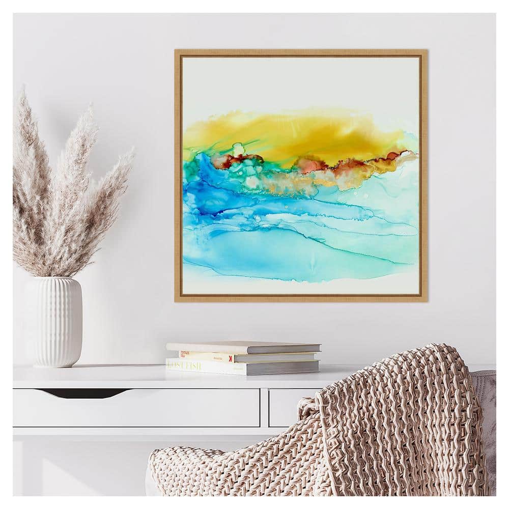 Sky Alive Abstract Blue and Yellow Canvas Wall Art with Maple Frame