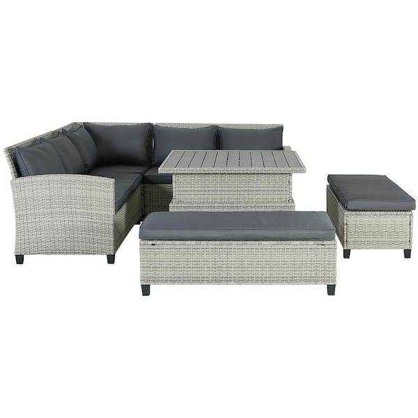 Runesay Modern 6-Piece Gray Wicker Patio Conversation Set with Gray Cushions and Lift Table