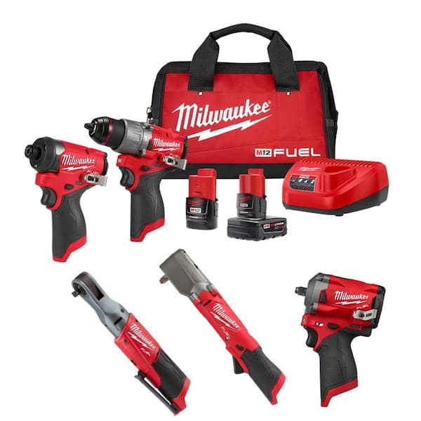 Milwaukee M12 FUEL 12-Volt Li-Ion Brushless Cordless Hammer Drill/Impact Driver/Impact Wrench/Ratchet Combo Kit (5-Tool)