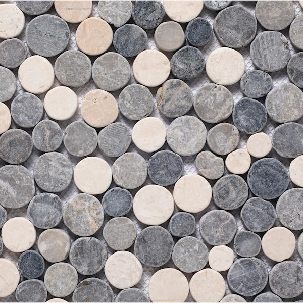 CRUZ BAY STUDIO Stone Penny Rounds Grey and White 4 in. x 6 in. Honed Marble Mesh-Mounted Mosaic Tile Sample (0.67 sq. ft./Each)