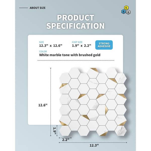 Hexagon Mosaic Tiles Gold Studded Design 12.5 in. x 12.1 in. PVC Peel and Stick Tile Backsplash (10 sq. ft./Pack)