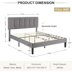 Upholstered Bedframe, Gray Metal Frame Full Platform Bed with Adjustable Headboard, Wood Slat, No Box Spring Needed