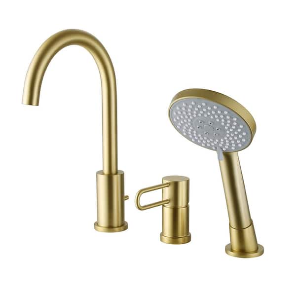 Tomfaucet Single-Handle Deck-Mount Roman Tub Faucet with Hand Shower in Brushed Gold