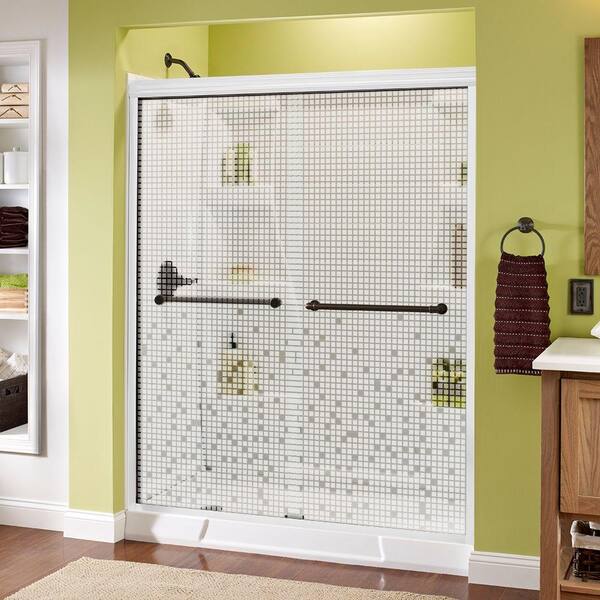 Delta Phoebe 60 in. x 70 in. Semi-Frameless Sliding Shower Door in White with Mozaic Glass and Nickel Handle
