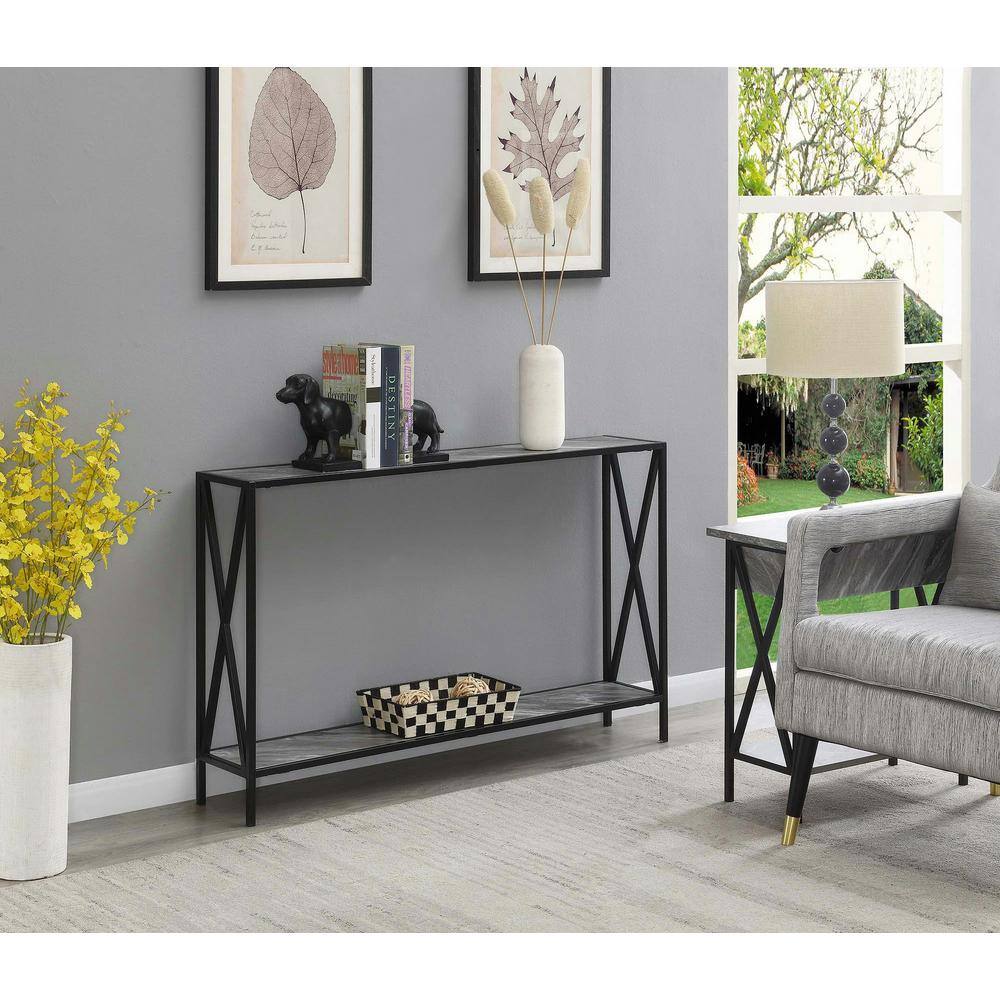 Gray Marble and Black Wood Console Table with Storage