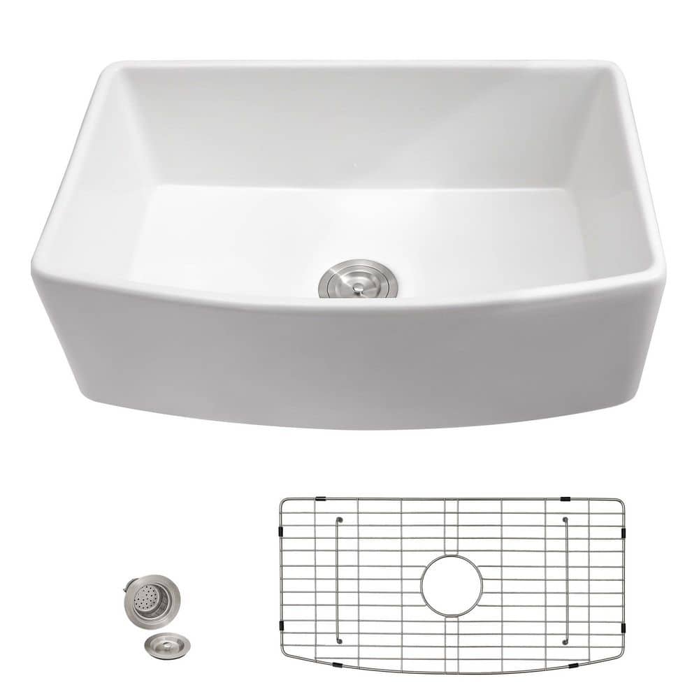 33 in. White Fireclay Farmhouse Kitchen Sink-Curved Apron Front High-Gloss Ceramic Porcelain Single Bowl Deep Basin price history on PriceWatchPro