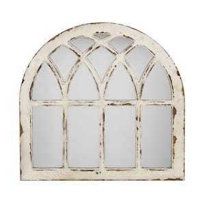31.8 in. W x 31.8in.H Farmhouse Arched Windowpane Distressed White Wood Framed Wall Mirror