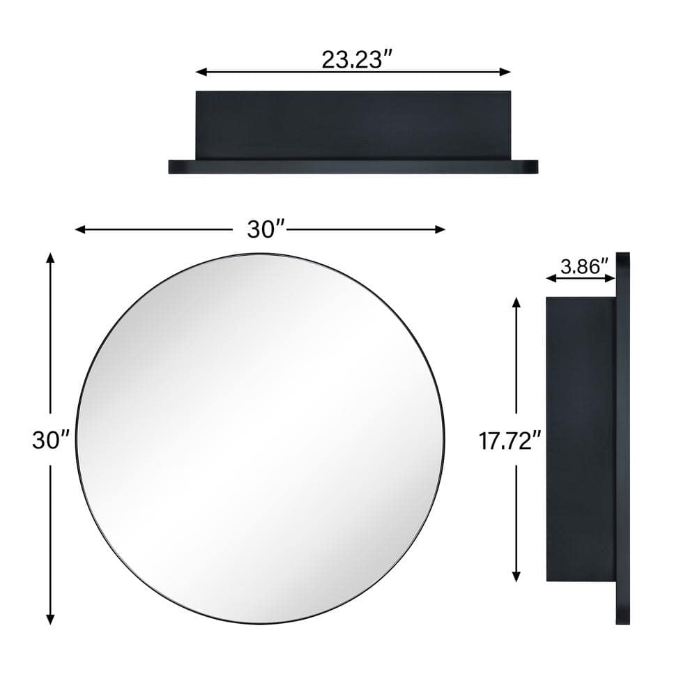 30" Matt Black Stainless Steel Round Medicine Cabinet with Mirror