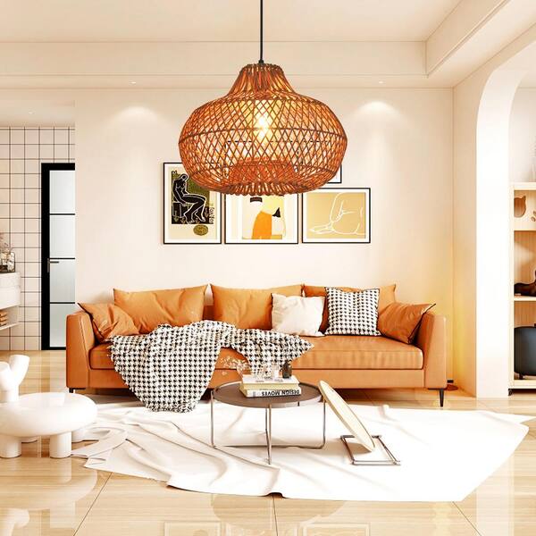 ARTURESTHOME 1-Light Drum Rattan Pendant Light with Shade HD