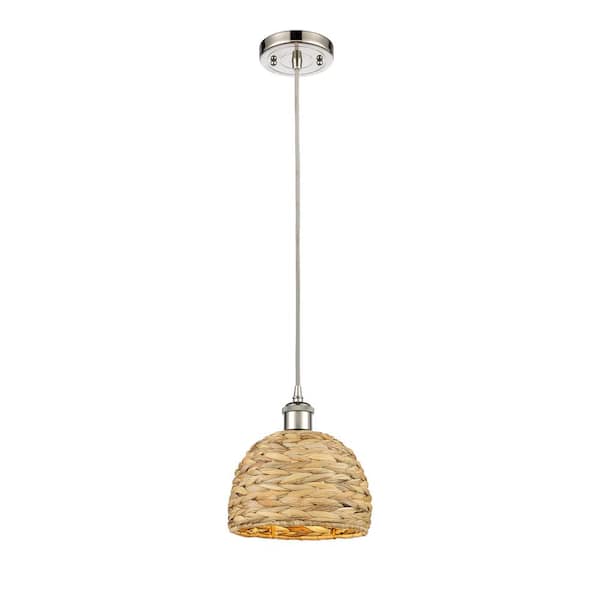 Innovations Woven Rattan 100-Watt 1-Light Polished Nickel Shaded Mini Pendant Light with Rattan Shade