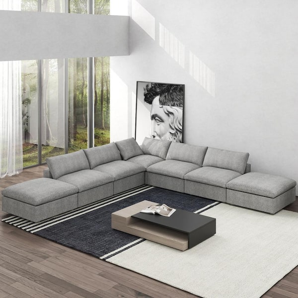 118 in. Square Arm 7-Piece Linen L-shaped Modular Sectional Sofa Corner Cloud Couch in Gray