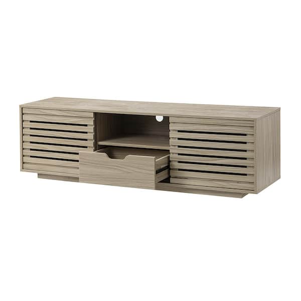 Donason 59 in. W Natural TV Stand with Storage and Two Slatted Sliding Doors Fits TV's up to 65 in. With Cable Management