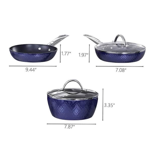 Amucolo 3-Piece Blue Stainless Steel Non-Stick Ceramic Cookware Set with Induction Fry Pan and Pot Saucepan with Lid