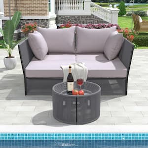 Dark Gray Metal Outdoor Day Bed Chaise Lounger Loveseat with Gray Cushion and Clear Tempered Glass Table