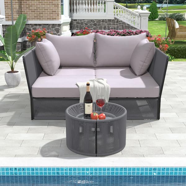 KIKIO203888 Dark Gray Metal Outdoor Day Bed Chaise Lounger Loveseat with Gray Cushion and Clear Tempered Glass Table