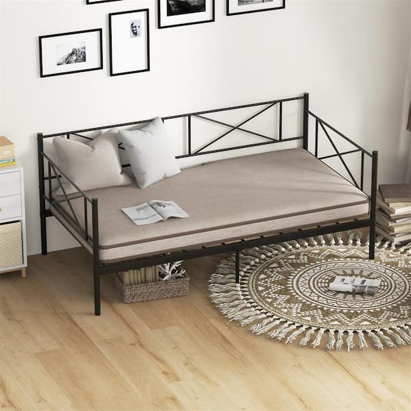 Black Twin Size Metal Daybed Frame with Under-bed Storage and Railings Heavy-duty Metal Slats Platform Bed