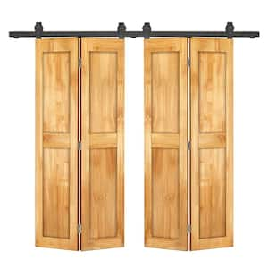 40 in. x 80 in. 2-Panel Shaker Hollow Core Weather Oak Pine Wood Double Bi-fold Door with Barn Door Hardware Kit