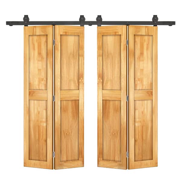 CALHOME 64 in. x 80 in. 2-Panel Shaker Hollow Core Weather Oak Pine Wood Double Bi-fold Door with Barn Door Hardware Kit