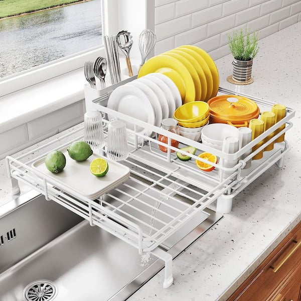 White Extendable Stainless Steel Dish Rack with Utensil Holder Large Sink Drying Dish Drainer for Kitchen Counter