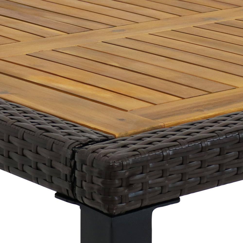 Carlow 7-Piece Brown Rattan and Acacia Wood Patio Dining Set with Blue Cushions
