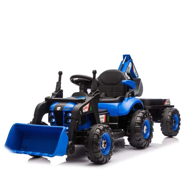 24V Kids Ride-On Electric Tractor Toy with 4-in-1 Construction Attachments  in Blue for Kids Aged 2-4