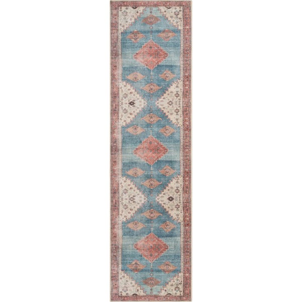 Lotus Towne Terra Blue Vintage Medallion Persian 2 ft. 7 in. x 9 ft. 10 in. Machine Washable Runner Rug