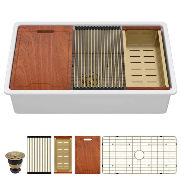 33 in. Undermount Single Bowl White Porcelain Ceramic Workstation Kitchen Sink with Strainer and Bottom Grid in Gold